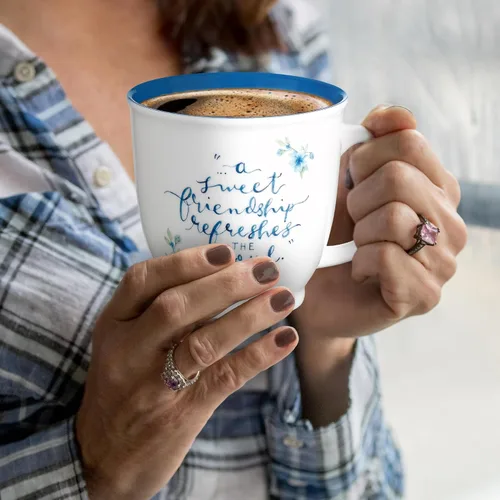 Vista 5 de Taza de cerámica de arte cristiano azul floral – 14 oz. Taza de café y té inspiradora con escrituras bíblicas apta para microondas y lavavajillas