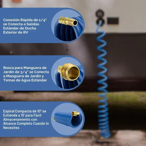 Vista 2 de RecPro RV Manguera de ducha exterior Manguera enrollada azul de 15' Rociador opcional de conexión rápida flexible Resistente a rayos UV