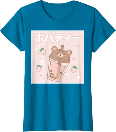Vista 70 de Camiseta estética Kawaii con diseño de oso lindo y té con leche burbuja, talla S Blanco