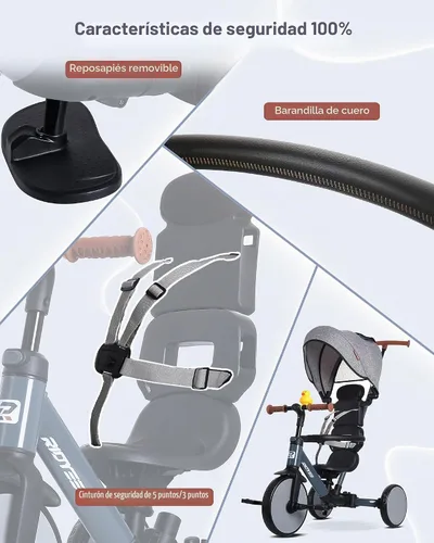 Vista 4 de RIDYEE Triciclo 8 en 1 para 1.5-5 años, interruptor sin herramientas, triciclo para niños pequeños con mango de control de dirección para padres