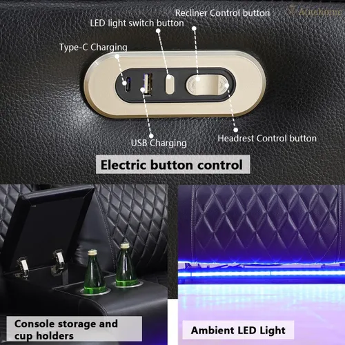 Vista 3 de A Ainehome Sofá modular reclinable eléctrico con LED, juego de sofá modular eléctrico de cuero negro, juego de muebles de sala con carga USB