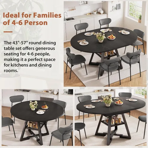 Vista 9 de Mesa de comedor redonda extensible de 43 a 57 pulgadas para 4-6, moderna mesa de comedor ovalada de cocina industrial con hojas extraíbles, base