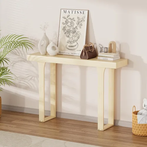 Vista 11 de Mesa consola estrecha de bambú de 47.2 pulgadas, mesa auxiliar de granja de 2 niveles, mesa de entrada rectangular, moderna mesa de sofá detrás