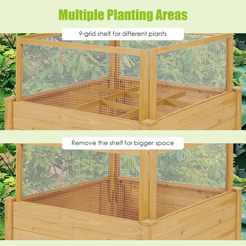 Vista 9 de Giantex Cama de jardín elevada con valla, maceta de madera elevada con valla de protección, contenedor de plantas de 9 rejillas, caja de plantas al