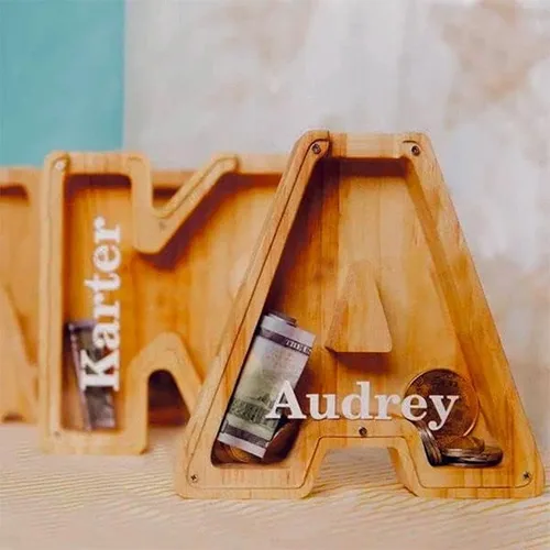 Vista 8 de Alcancía de madera personalizada, alcancía grande para niños, grabada con láser, alcancía para cumpleaños de niños