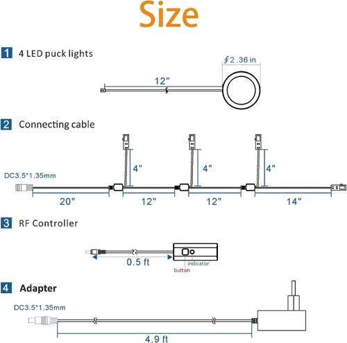 Vista 6 de WOBANE Luces LED de disco, kit de iluminación con cable para debajo del gabinete con control remoto, iluminación de mostrador regulable para cocina