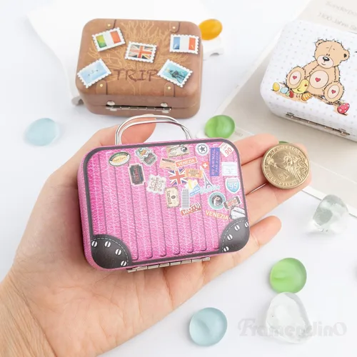 Vista 3 de Framendino, Mini maletas cajas de dibujos animados placa de lata caja de regalo caja de caramelo Rectangular Cion contenedor para fiesta boda