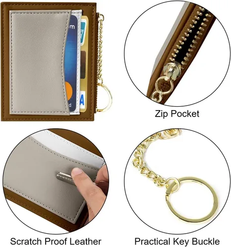 Vista 48 de URAQT Cartera para tarjetas de crédito, cartera minimalista de cuero delgado con cremallera, mini protector de tarjeta de crédito, llavero bolsillo