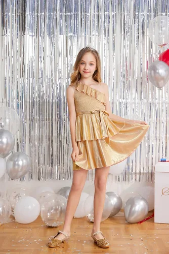 Vista 2 de Danna Belle Vestido de fiesta de verano para niñas, con un hombro, volantes, escalonado, ropa de regalo, tallas 5-14