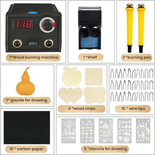 Vista 7 de Kit de combustión de madera Máquina de pirografía ajustable de temperatura, herramienta de combustión de madera, quemador de madera digital de 60 W