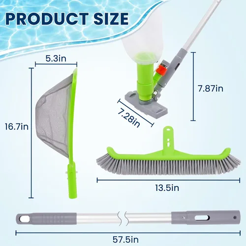Vista 6 de Sepetrel Kit de limpieza de piscina de lujo con aspiradora de chorro, cepillo, red de skimmer semi-profunda y poste ajustable de 57.5 pulgadas
