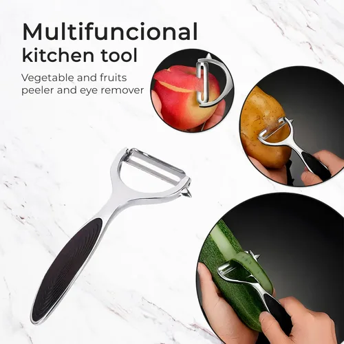 Vista 3 de Pelador en Y, peladores para cocina con una cuchilla afilada y removedor de ojos + agarre negro para apoyar mejor los peladores de verduras