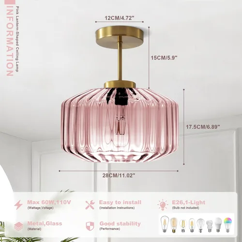 Vista 4 de Moderna lámpara de techo semiempotrada rosa rubor con base dorada cepillada, lámpara de dormitorio para dormitorio de niñas, guardería, pasillo