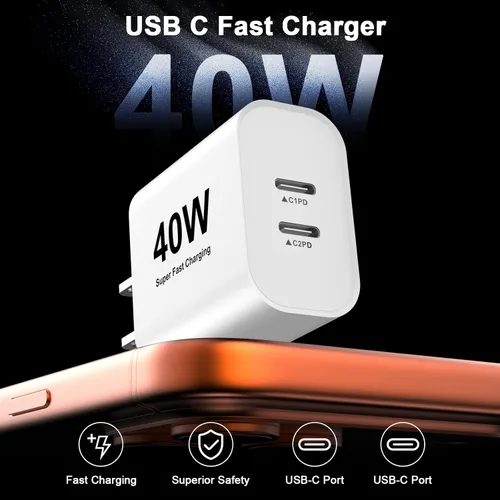 Vista 4 de Cargador rápido para iPhone 17 16 15, paquete de 2 bloques de carga rápida USB C de 40 W GaN de doble puerto con cable de carga tipo C de 10 pies