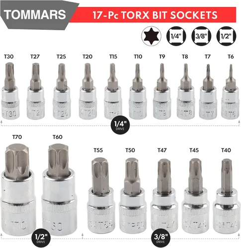 Vista 3 de TOMMARS Juego de 60 piezas de enchufes de brocas Torx Master y juego de enchufes externos de 1/4", 3/8", 1/2" de transmisión, brocas de acero S2