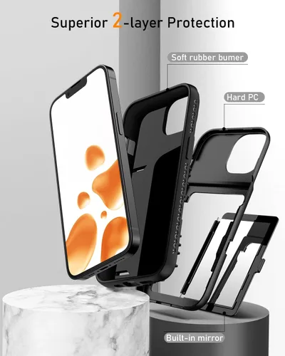 Vista 4 de WeLoveCase Funda para iPhone 13 Pro Max para mujer con tarjetero y espejo oculto, dos capas a prueba de golpes resistente funda protectora tipo Negro