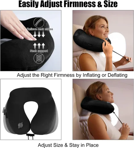 Vista 5 de Almohada inflable para el cuello de viaje para aviones, soporte de cuello de terciopelo súper suave, firmeza ajustable, almohada inflable