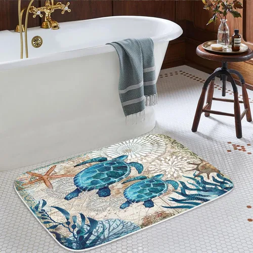 Vista 3 de Alfombra de baño de terciopelo coral con diseño náutico de tortugas marinas, animales de playa, tapete de ducha antideslizante para baño de océano