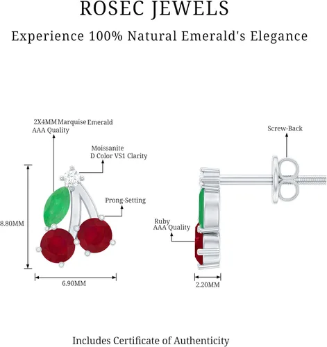 Vista 15 de Aretes de cereza esmeralda y rubí natural para mujer, calidad AAA certificada, aretes de tuerca de cereza roja