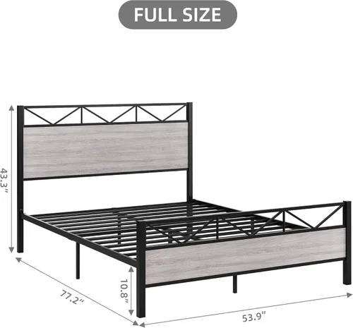Vista 2 de Senfot Base de cama de tamaño matrimonial con cabecera y estribo de madera rústica, plataforma de metal, soporte de listones de acero resistente,