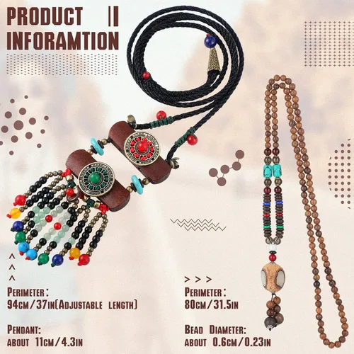 Vista 3 de 6 collares largos bohemios para mujer, collar de madera vintage, hecho a mano, retro, Nepal, bohemio, regalos de joyería