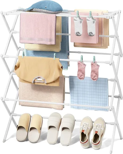 Vista 10 de KINGBOARD Tendedero de secado de ropa plegable con 11 postes, estante de secado de lavandería de 3 niveles, estante de secado de ropa pequeño