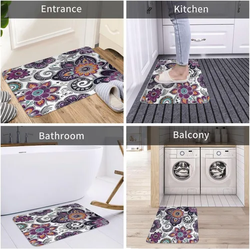 Vista 5 de LB Alfombra de baño de flores bohemias, alfombra de baño antideslizante con estampado floral bohemio morado y negro, espuma viscoelástica suave