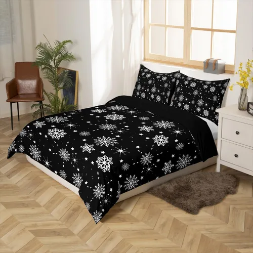 Vista 2 de Juego de funda de edredón de Navidad, copos de nieve para niños y niñas, funda de edredón en blanco y negro, tamaño individual, funda de edredón
