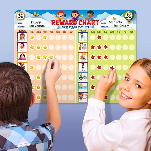 Vista 2 de Tabla de tareas para varios niños, incentivo de comportamiento para el hogar, borrado en seco y tablero magnético para 2 niños, incluye 54 tarjetas