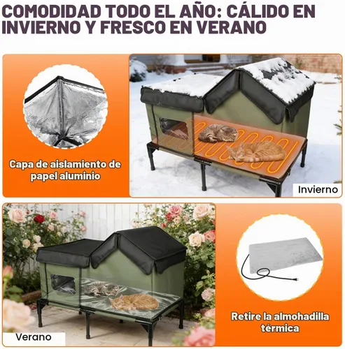 Vista 4 de Casa climatizada para gatos para exteriores, refugio de invierno aislado a la intemperie con base elevada y ventana transparente, puerta de escape