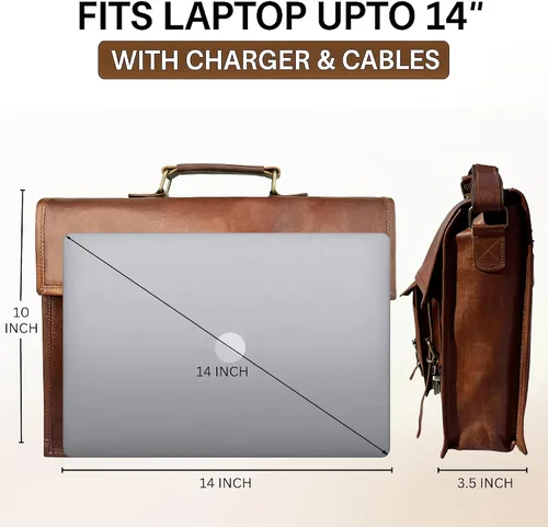 Vista 4 de Bolso bandolera de cuero para hombre, maletín de cuero de grano completo de 14 pulgadas para laptop, bolso vintage para computadora, bolsa cruzada
