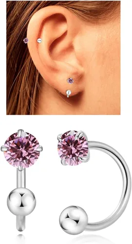 Vista 19 de Aretes Huggie de medio aro para mujeres y niñas, pequeños aretes de cartílago, aretes de botón con piedra natal para mujeres, aretes de botón