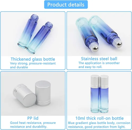 Vista 3 de Juego de 10 botellas enrollables de vidrio, 0.3 fl oz (1/3 onza), tarros de rodillo de gradiente azul con abridor de embudos, frascos de vidrio