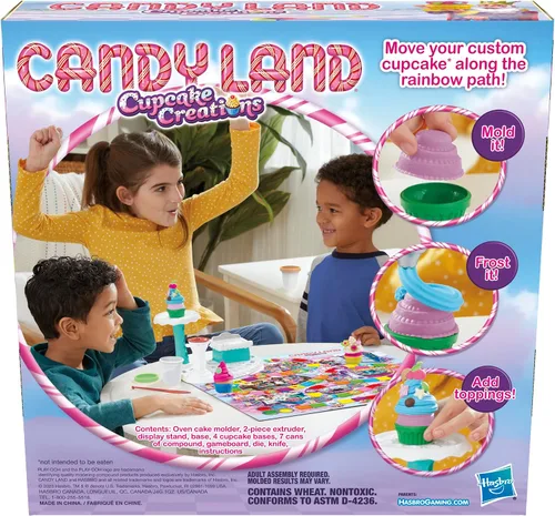 Vista 2 de Hasbro Gaming Candy Land Cupcake Creations, juego de mesa para niños con 7 latas y herramientas Play-Doh