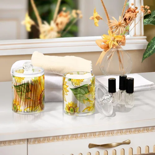 Vista 7 de Paquete de 2 dispensadores porta-hisopos Qtip para bolas de algodón, girasol amarillo, hisopos de algodón, almohadillas redondas de algodón, juego