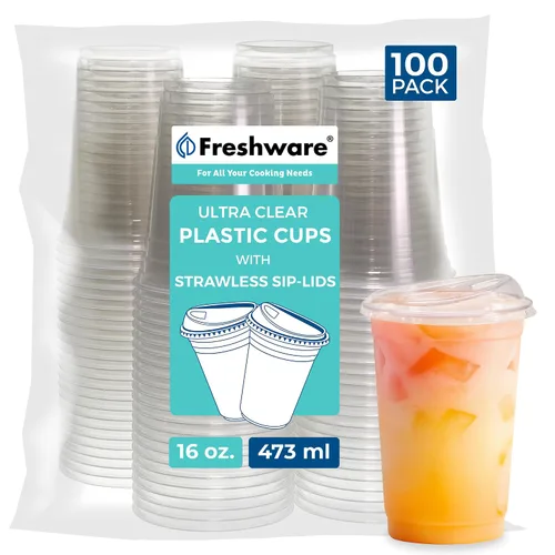 Vista 7 de Freshware Vasos de plástico transparente con tapas para sorbos sin popote [100 tazas – 12 onzas] Vaso desechable para café helado, batido, bebidas