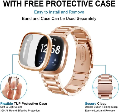 Vista 2 de Maxjoy Compatible con Fitbit Sense/Versa 3 bandas, Versa3 correa de metal grande de acero inoxidable con funda protectora para hombres y mujeres