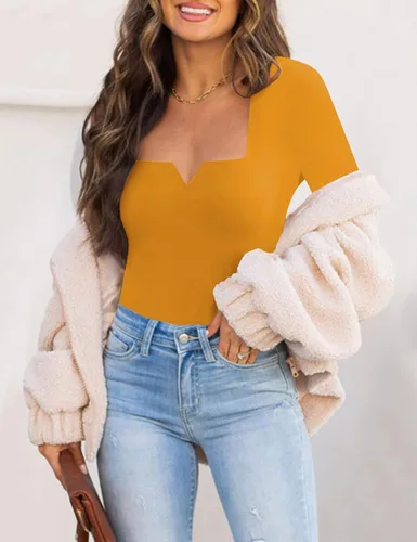 Vista 3 de Chunpin Enterizo de manga larga con cuello cuadrado y muesca, con cuello en V para mujer