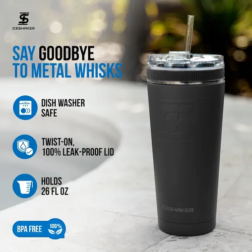 Vista 4 de Ice Shaker Vaso de 26 onzas, botella de agua aislada con popote, botella de acero inoxidable, como se ve en Shark Tank, botella de agua con pajita