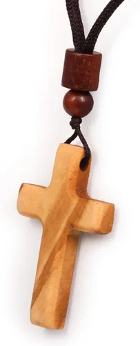 Vista 4 de Collar de cruz de madera de olivo de 1.5 pulgadas, colgante cristiano hecho a mano con cordón de algodón, pequeña cruz de fe de madera para espejo