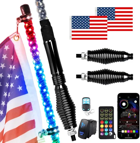 Vista 9 de Luces Whip Uemicip 2PCS 2FT Luces Whip LED RGB en Espiral para UTV, con Base de Resorte App y Control Remoto Inalámbrico RF, Antenas Whip Iluminadas