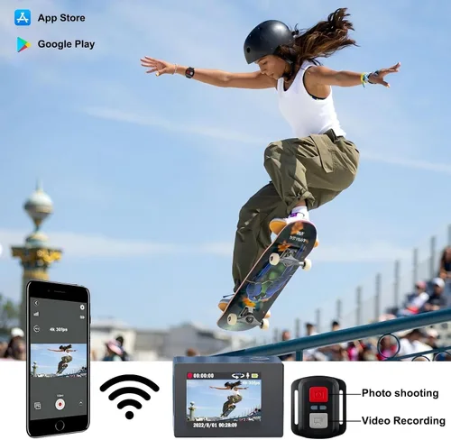 Vista 4 de Cámara de acción WiFi 4K 30FPS con tarjeta de memoria de 128 GB, cámara subacuática Ultra HD impermeable de 98 pies, pantalla de gran angular