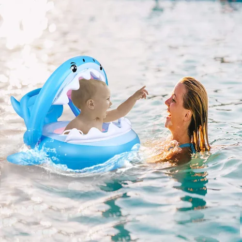 Vista 6 de Flotador de piscina para bebés con toldo inflable de tiburón para niños de 6 a 36 meses
