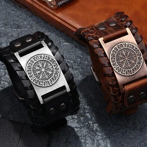 Vista 2 de TURTLEDOVE Pulsera vikinga vegvisir nórdico con brújula rúnica - Joyería pagana celta