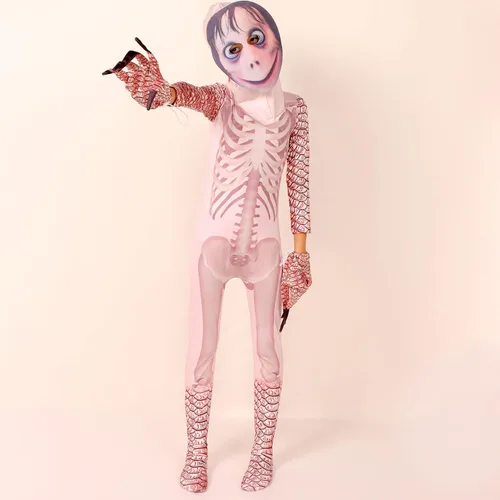 Vista 6 de Disfraz de Momo para niños máscara de diablo de terror para niños juegos de desafío aterrador disfraz malvado fiesta de cosplay espeluznante