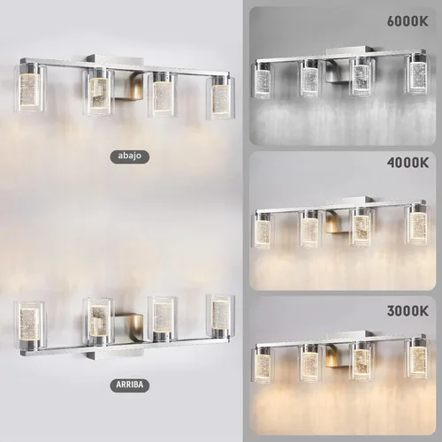 Vista 4 de SADENICEL Accesorios de iluminación de baño de 4 luces, níquel cepillado, LED regulable blanco/neutro/cálido, luces de tocador de baño de cristal