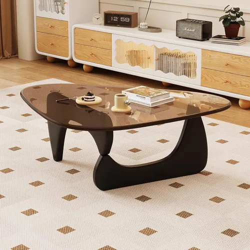 Vista 8 de Mesa de café para sala de estar, mesa central moderna de mediados de siglo con tapa de vidrio y madera, marrón/negro