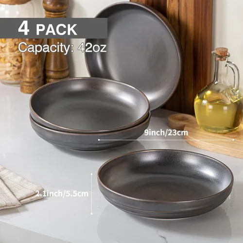 Vista 3 de HAPPY KIT Tazones de Pasta de Gres de 9'', Juego de 4, 42 Oz, Tazones Grandes para Ensalada con Esmalte Reactivo, Tazones de Cerámica para Servir