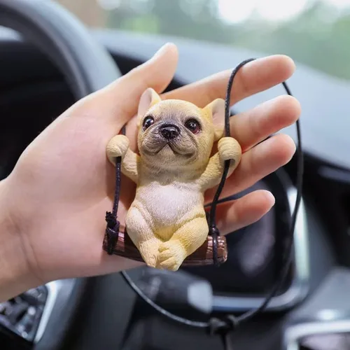 Vista 4 de Lindo adorno colgante de perro oscilante para automóvil, accesorios para colgar en el espejo retrovisor, colgante de bulldog francés, accesorios