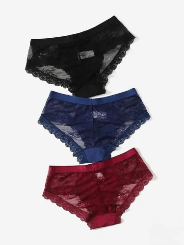 Vista 2 de OYOANGLE Conjunto de 3 bragas de encaje en contraste con ribete festoneado para mujer, conjunto de ropa interior de tiro medio